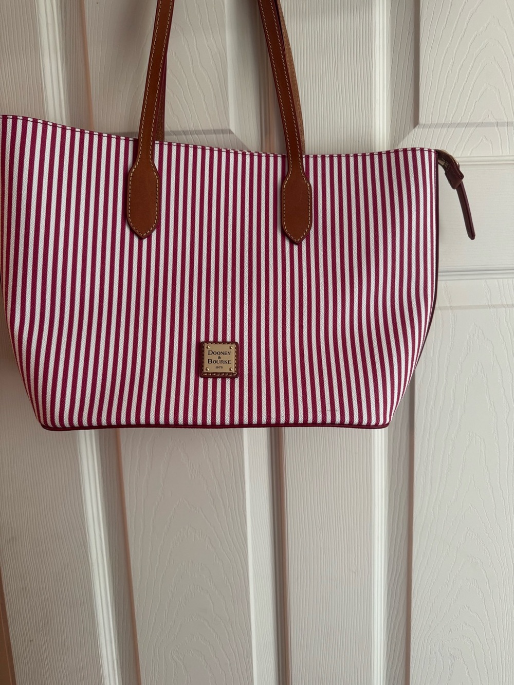 Dooney & Bourke Pink and White Striped Leather-Trim Tote